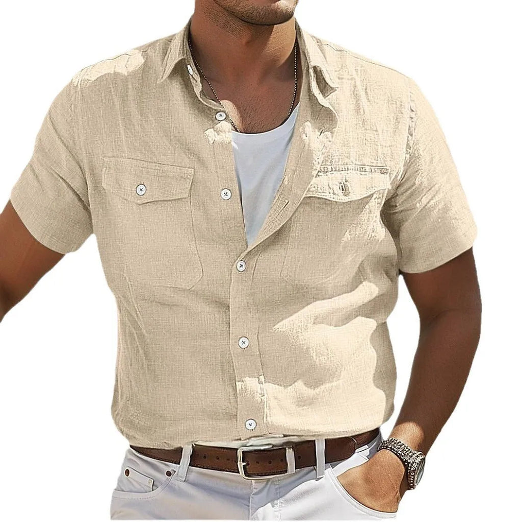 Men's linen cotton summer shirt in loose fit design with cardigan-style polo collar and long sleeves
