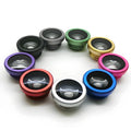 Three-in-one smartphone camera lens kit showing fisheye, wide-angle, and macro attachments in multiple colour options