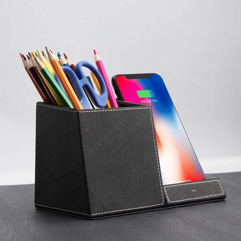 Black leather wireless charging desk organiser with pen holder and phone stand at 45-degree angle