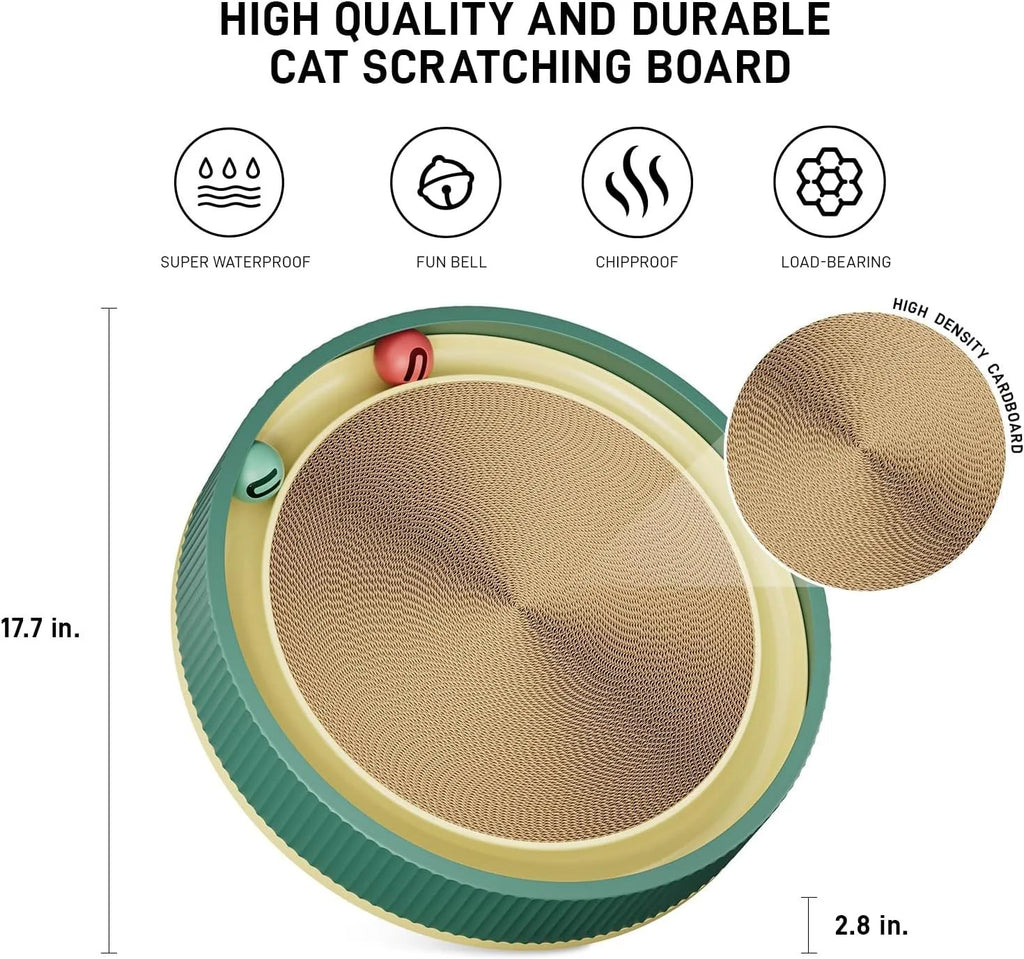 Large green circular cat scratching board with ball toys and a white replaceable core for indoor cats
