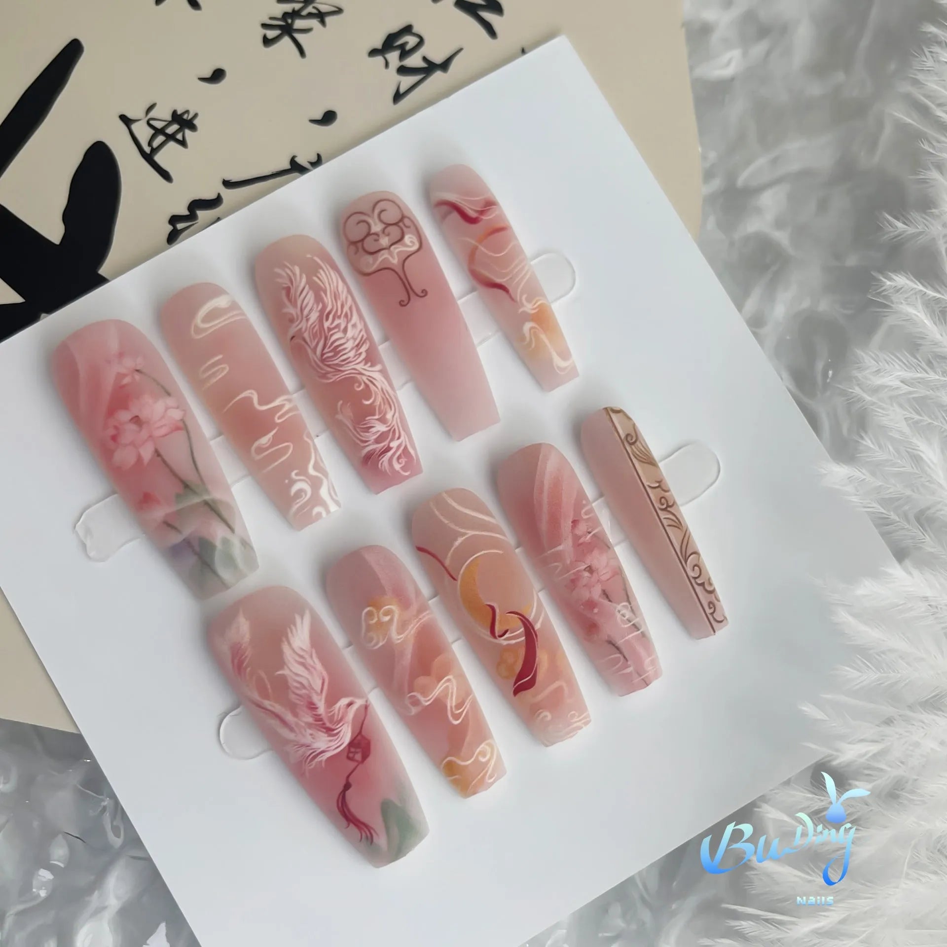 Nine tail fox ink painting long ladder glossy nail sticker set on hand showing retro affordable luxury style
