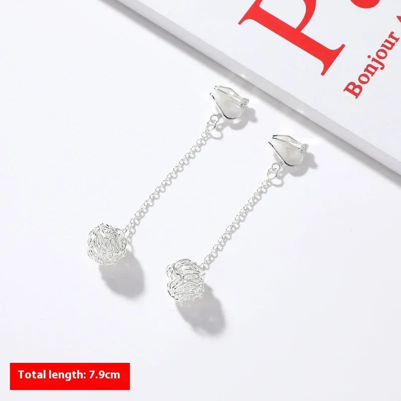 South Korean fashion alloy geometric ear clips with tassel pearl design in silver colour