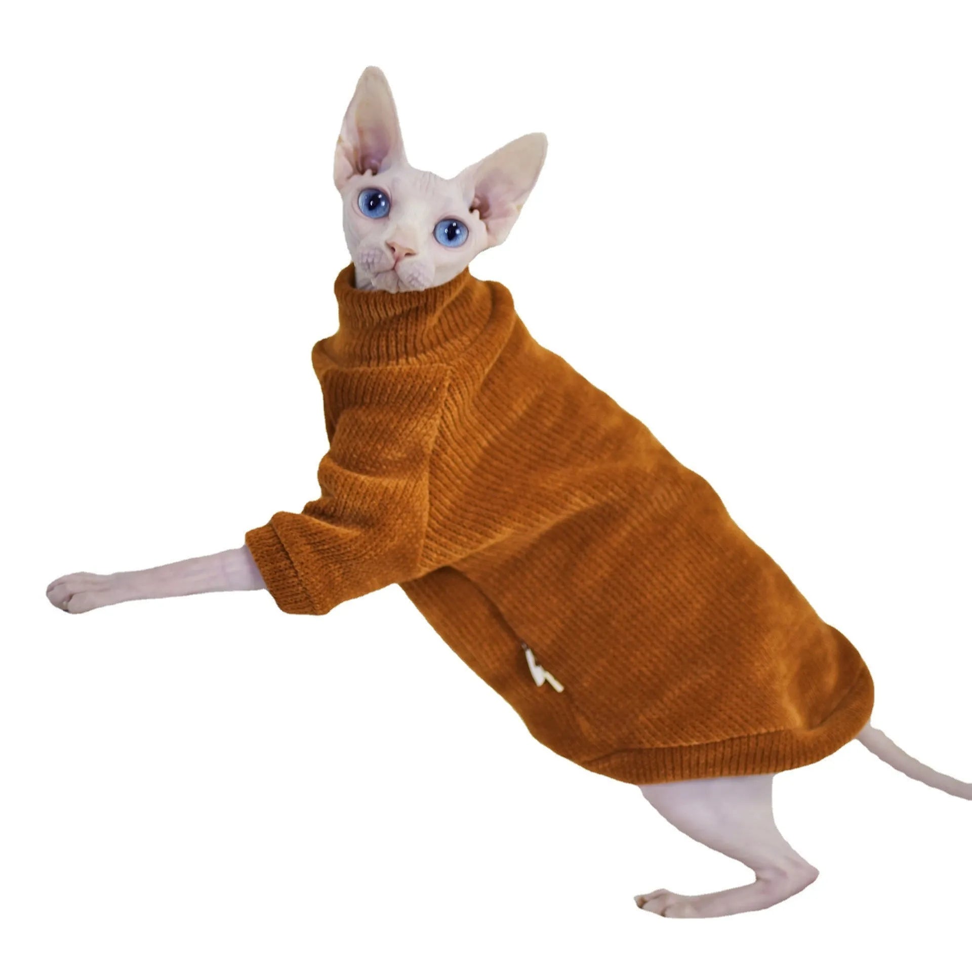 Caramel brown thickened chenille cat coat for hairless cats with fleece lining on white background