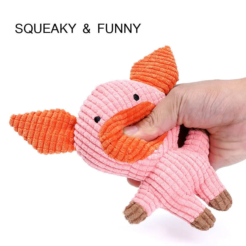 Animal-shaped plush dog chew toy in bright colours with squeaker for small medium dogs