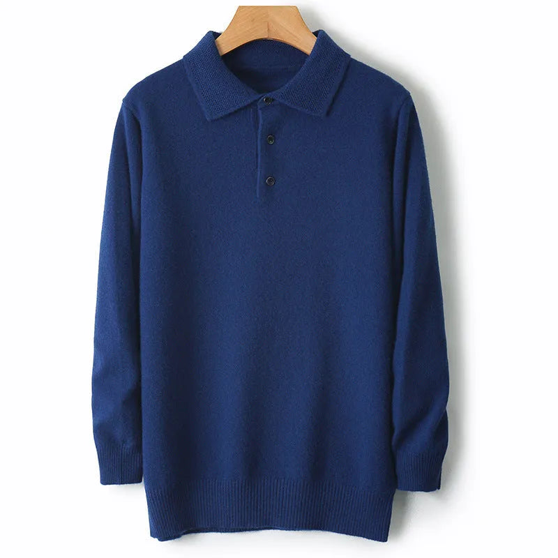 Men's grey wool polo collar sweater on a hanger, showing long sleeves and smart collar detail