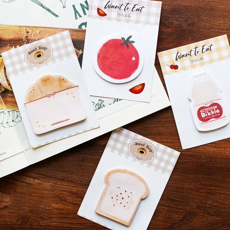 Food-themed note paper handbook showing four colour options with 30 sheets of 80g paper
