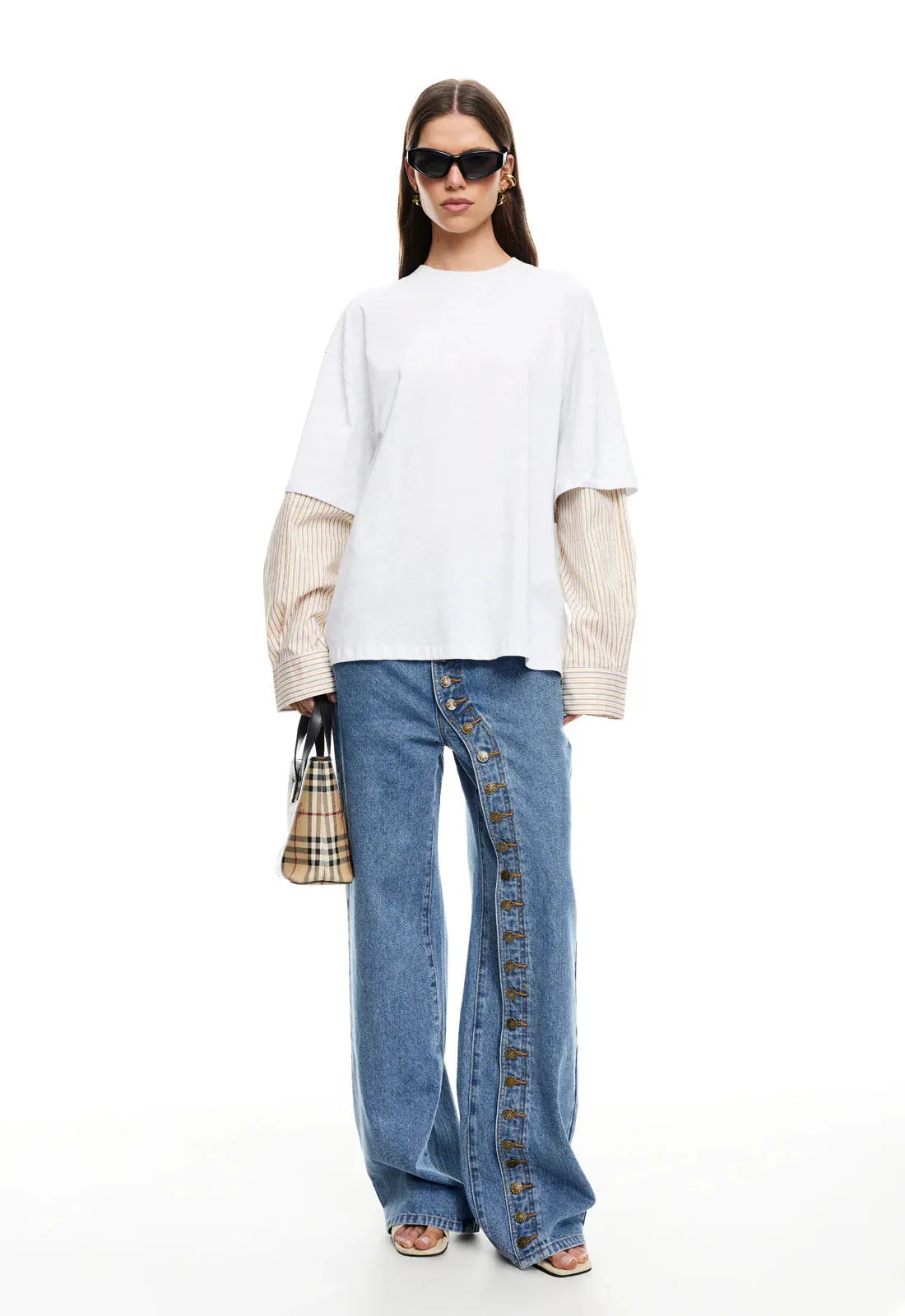 Women's blue multi-button low-waist straight-leg stone-washed denim jeans