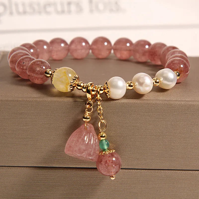 Women's multi-layer crystal bracelet with natural garnet, strawberry quartz, and moonstone pendants in Korean style.