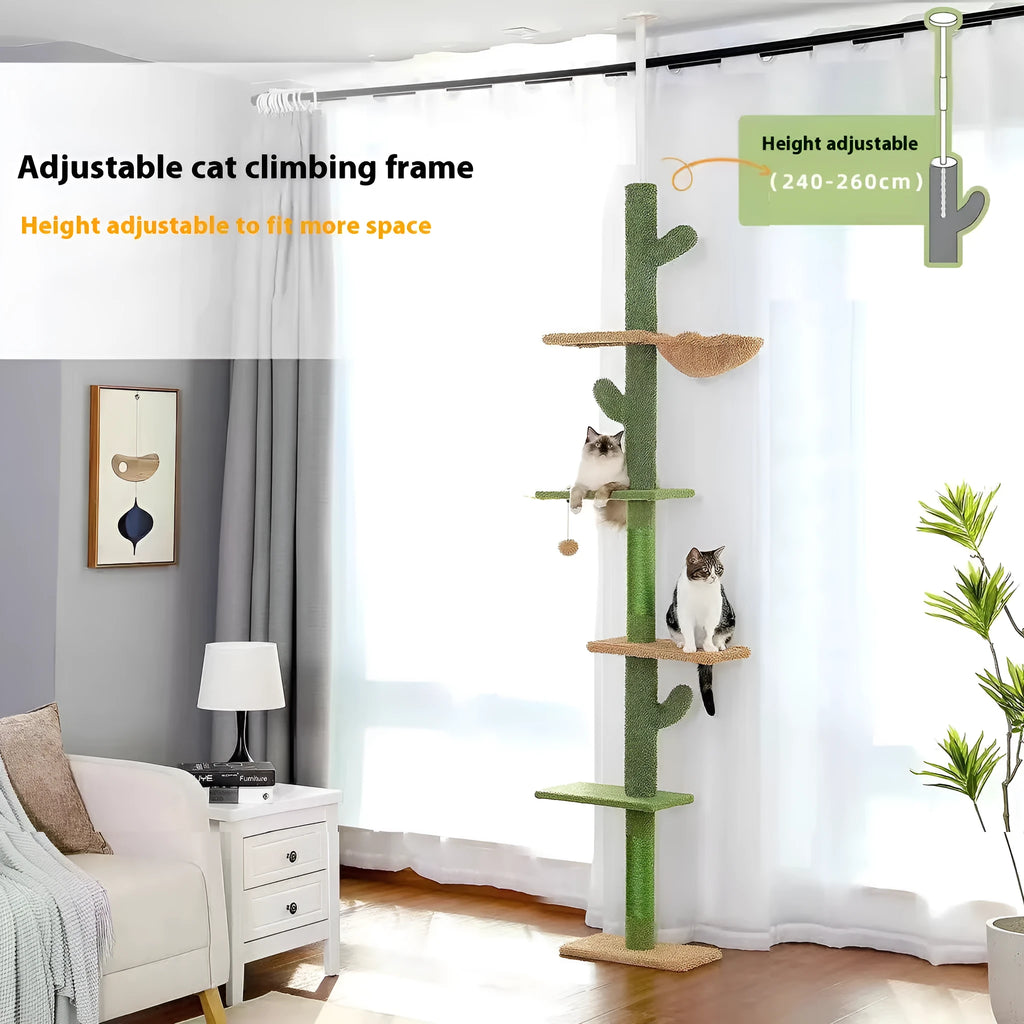 Tall solid wood cat tree with scratching posts, platforms, an enclosed cat nest, and a hanging toy.
