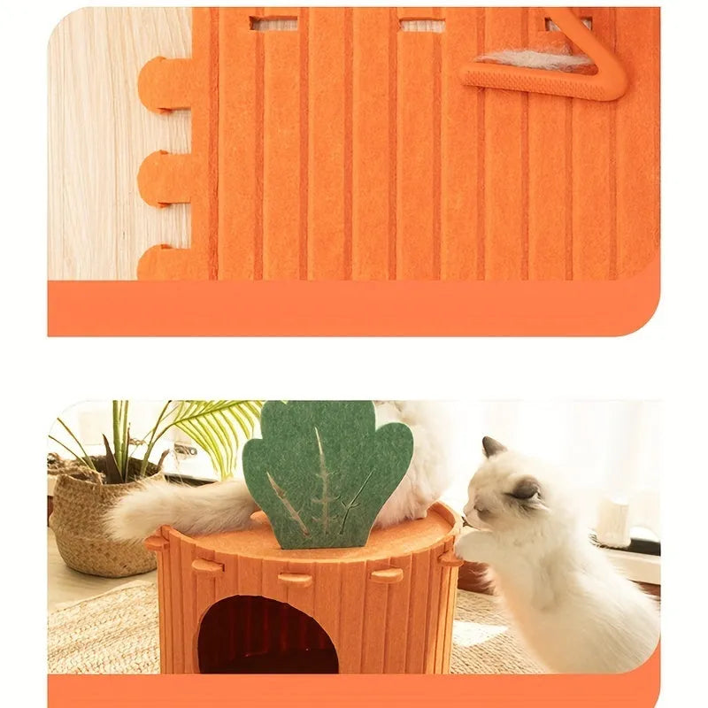 Carrot-shaped semi-enclosed felt cat tunnel bed on a floor