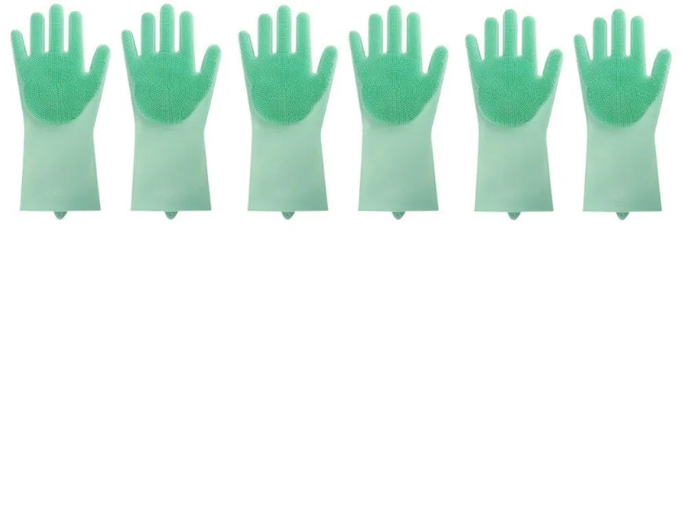 Blue silicone scrubbing gloves showing textured palm and finger surfaces for cleaning
