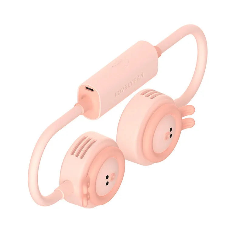 Pink and blue folding hanging neck fan with leafless design and USB port.