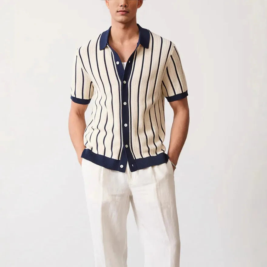 Men's white ice silk knitted polo shirt with asymmetric design and lapel neckline