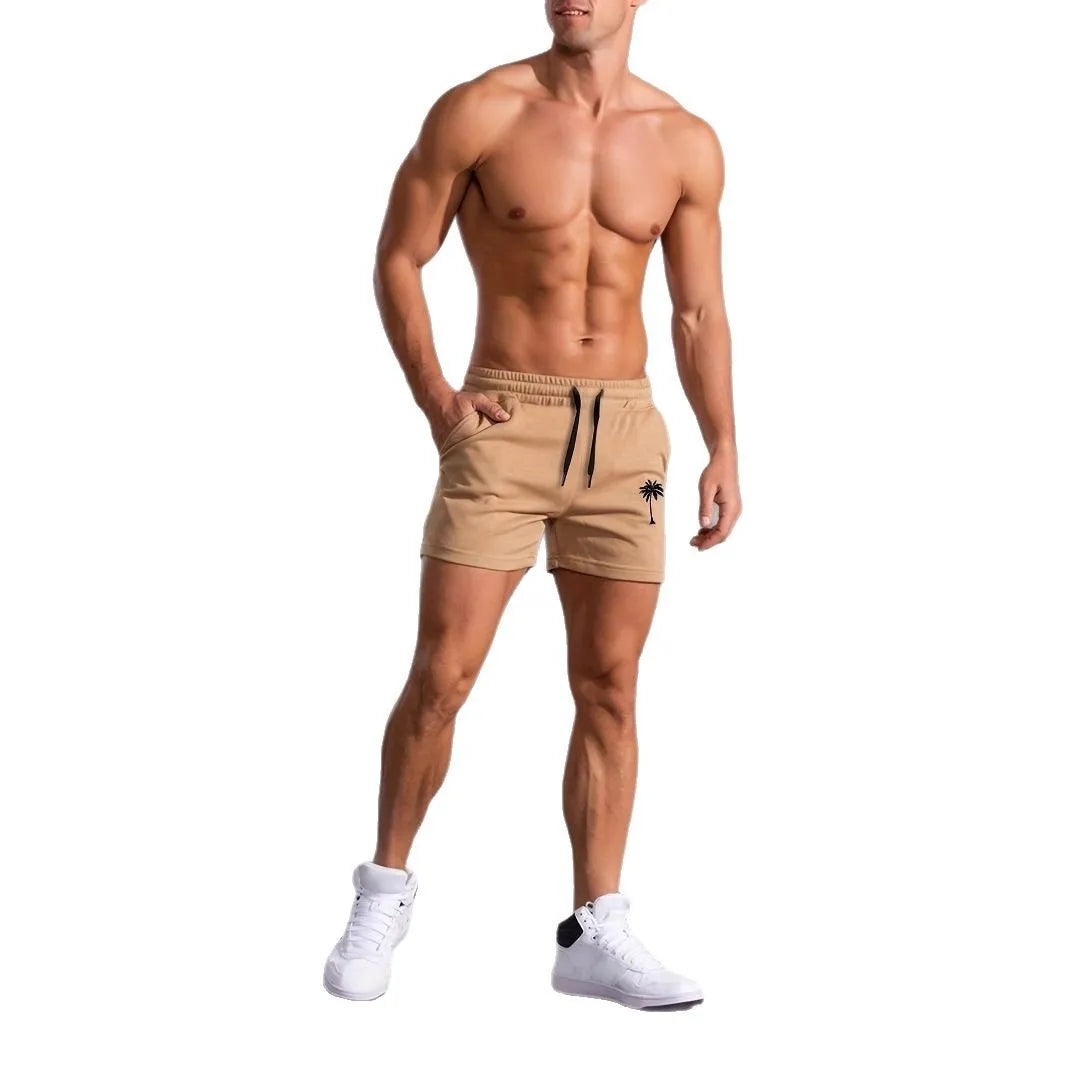Men's khaki coconut printed sports shorts with straight leg design and micro elastic fabric