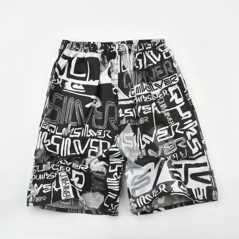 Men's casual floral print five-point swimming trunks made from polyester fabric.