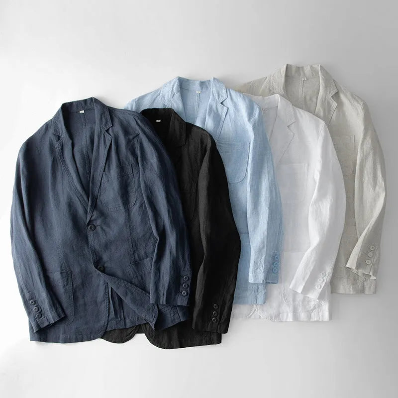 Men's solid colour linen casual blazer jacket shown in a loose fit style.