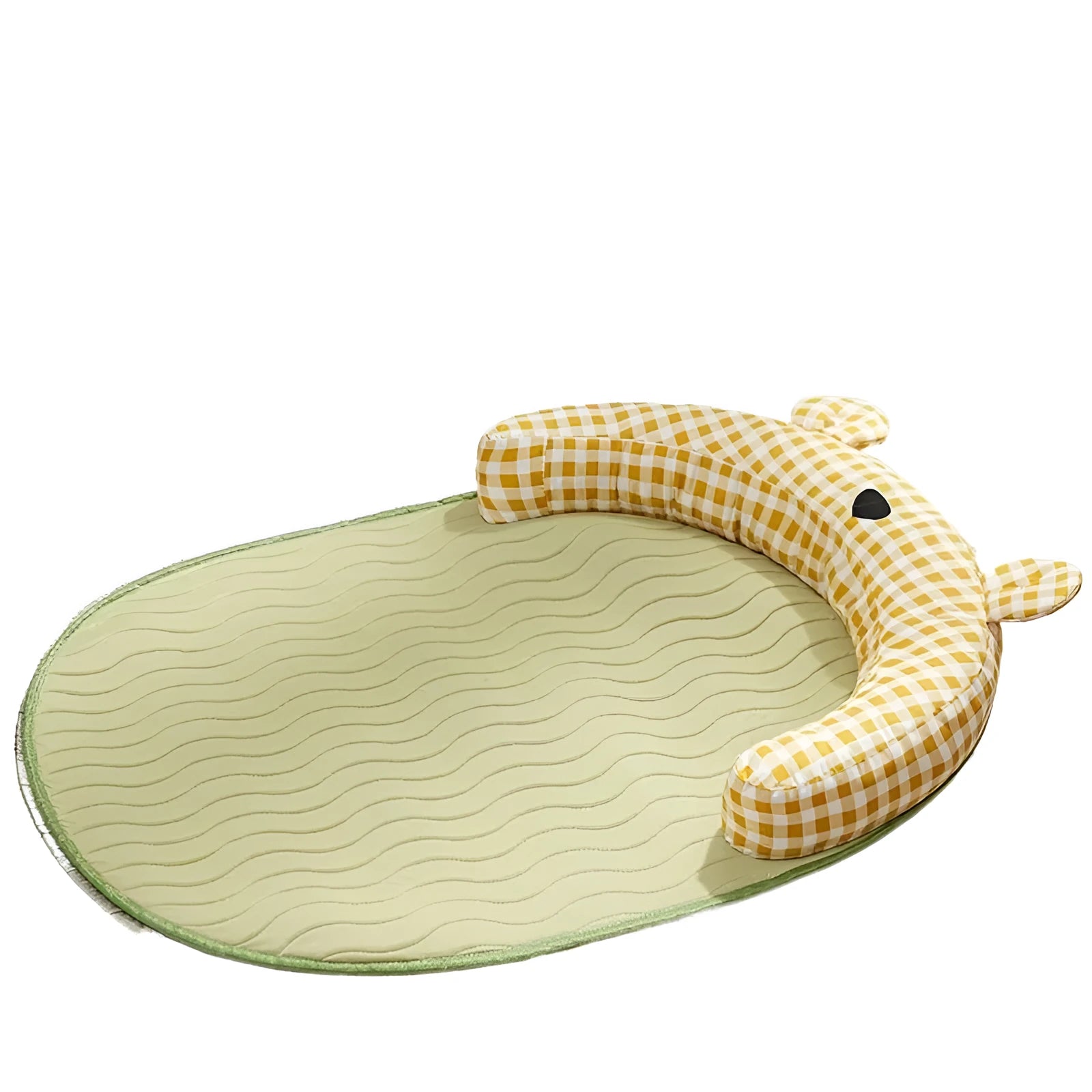 Green and yellow four seasons dog cooling mat with ice pad technology in multiple sizes