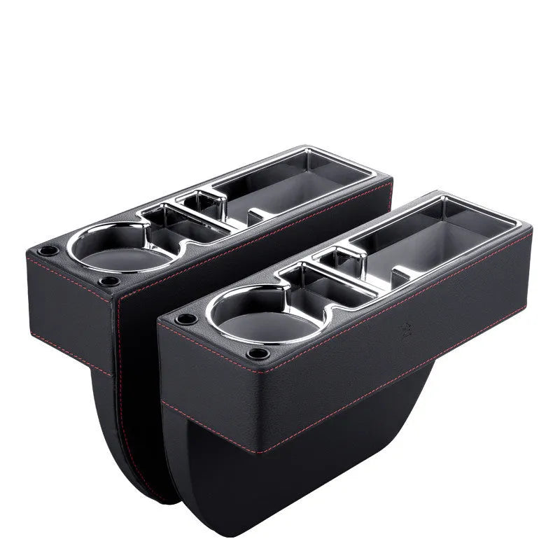 Black leather and plastic car seat gap storage box inserted between car seat and centre console