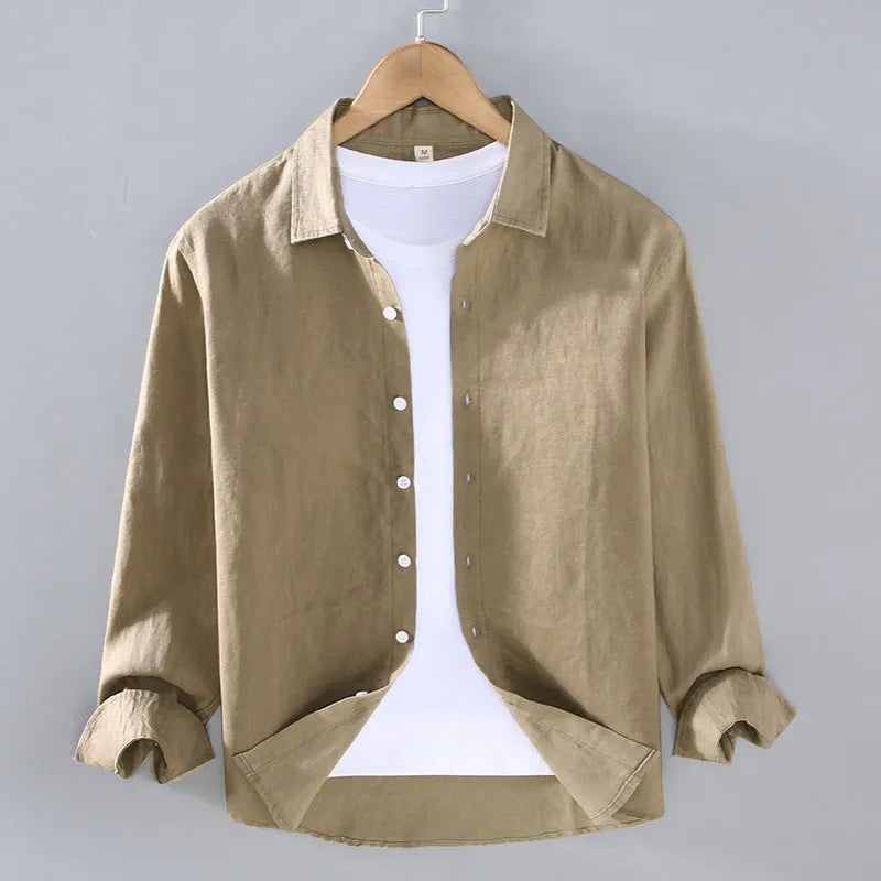 Men's linen shirt in solid colour with cardigan styling and long sleeves