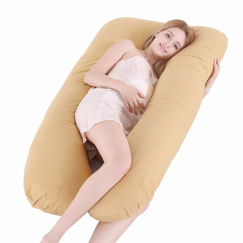 Large U-shaped pregnancy support pillow with removable cover in choice of fabrics.