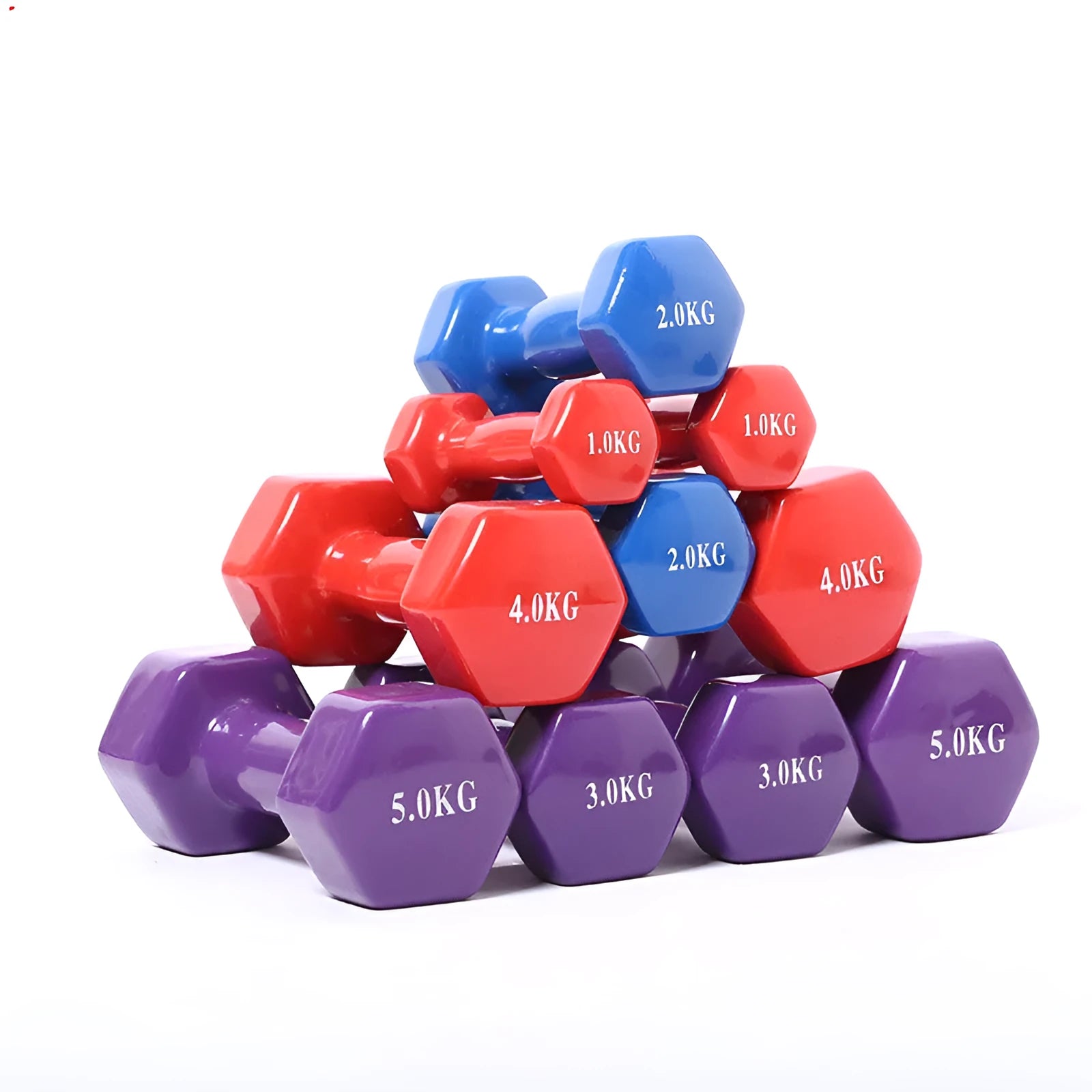 Bright coloured plastic-coated fitness dumbbells in multiple weights for home exercise