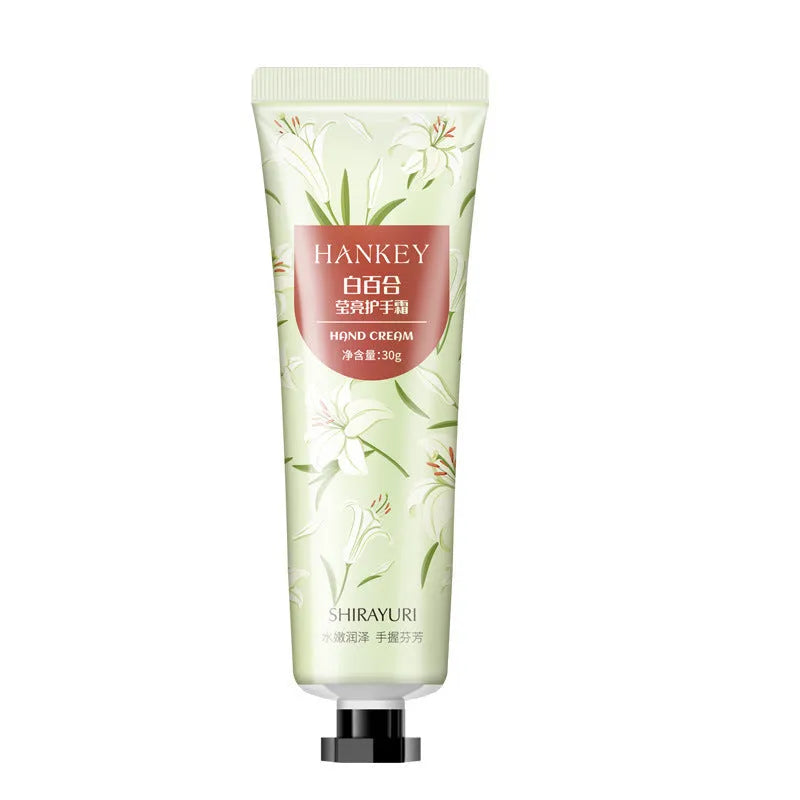 30g tube of scented hand cream for dry skin, shown with choice of avocado, chamomile, and rose fragrances.
