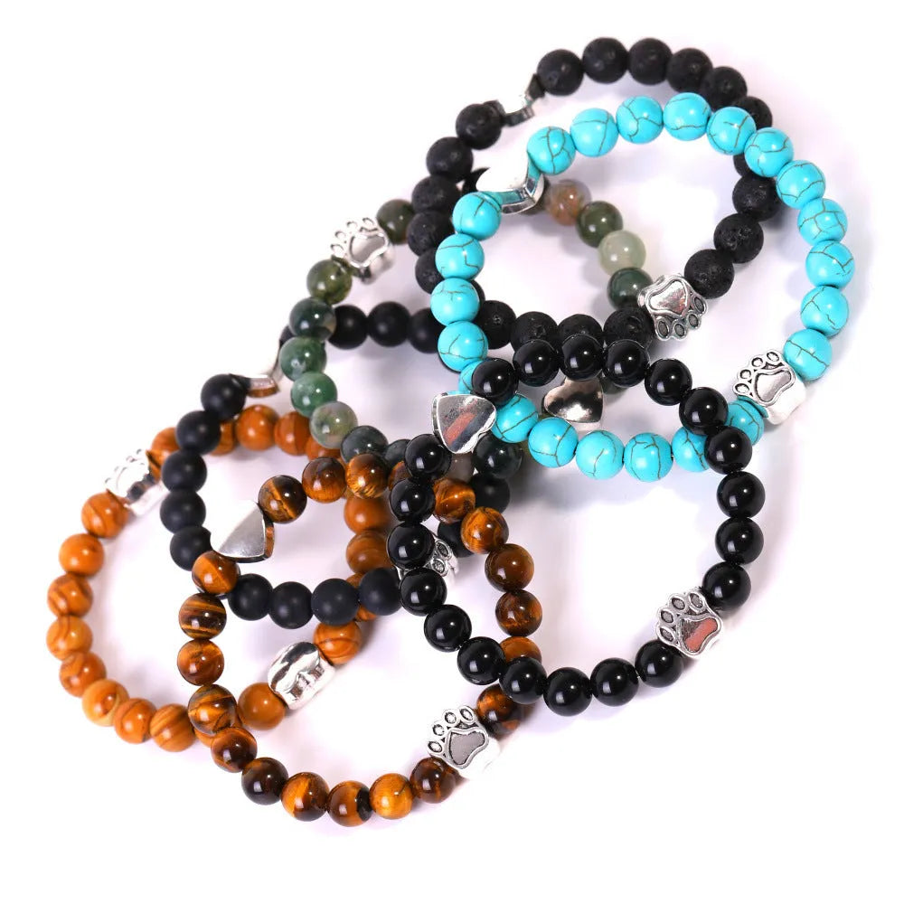 Tigereye and Indian agate stone bead bracelet with a central dog's paw or love heart charm.