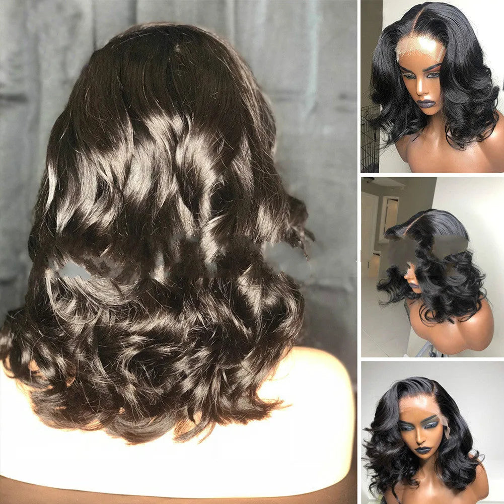 Front lace big wave wig in black with high temperature silk, half-hand knitting, middle part, 14-26 inch lengths, S M L cap sizes
