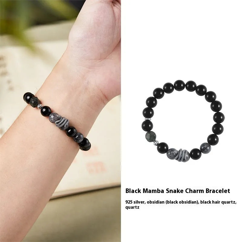 Men's S925 sterling silver bracelet with a black obsidian snake charm on a dark background.