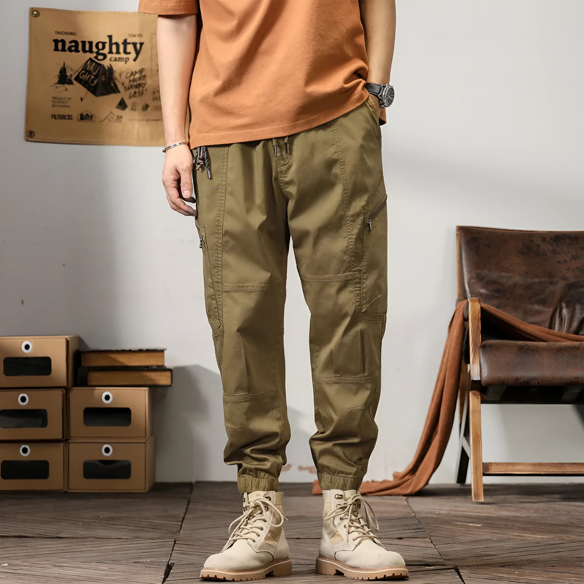 Men's cotton retro harem pants in tapered fit with ankle banding and zip fly