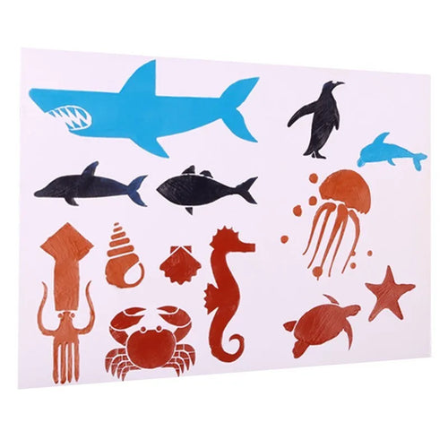 White packaged children's stencil drawing kit with plastic templates, paper, and markers