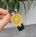 Gold plated eight-treasure compass watch chain with moissanite inlay on a black leather strap