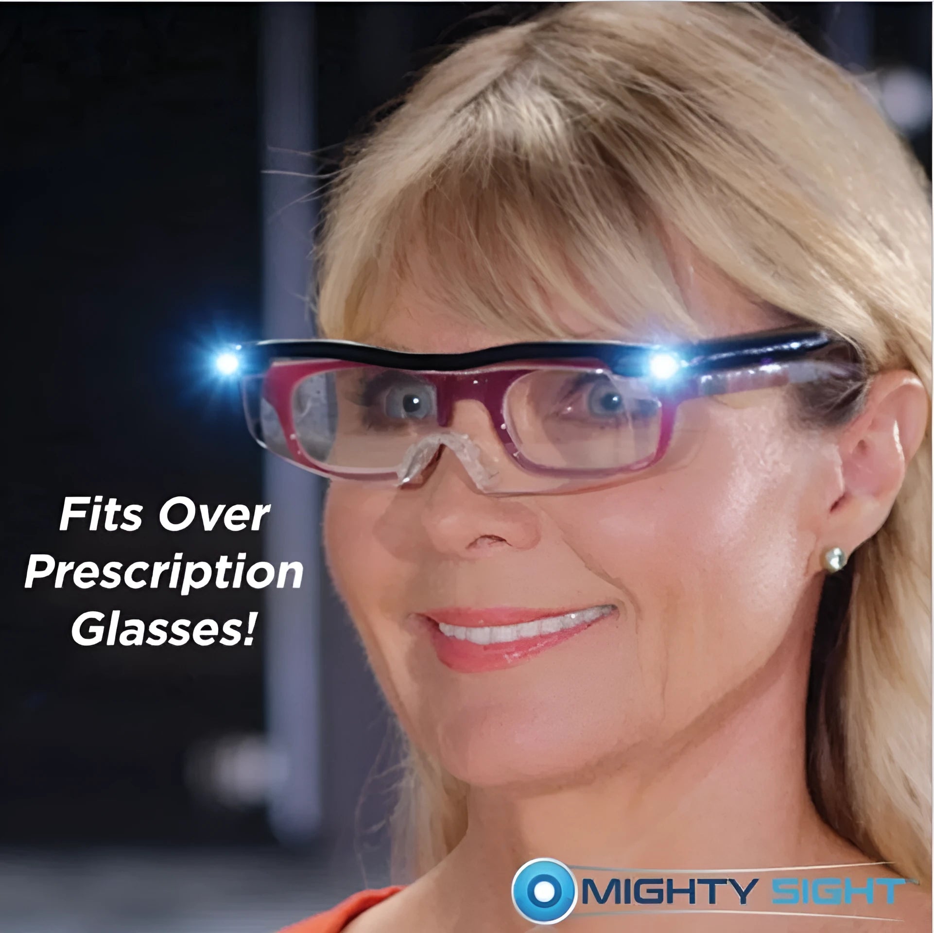 Transparent black USB LED light reading glasses on a table, showing the built-in light and frame.