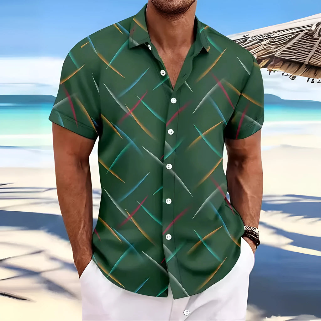 Men's casual beach short sleeve button shirt with striped feather pattern in loose fit polyester fabric