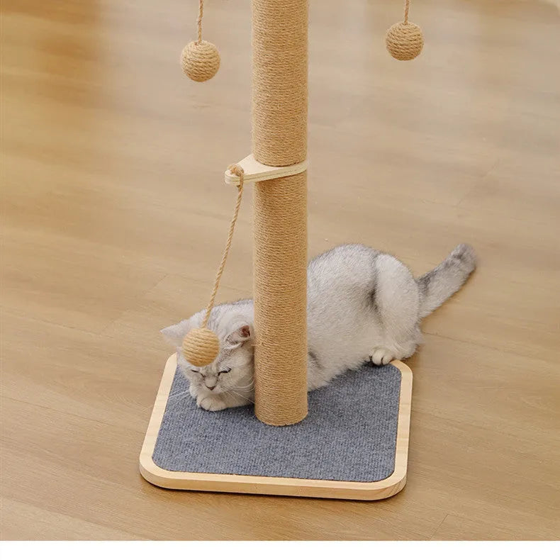 Windmill-shaped cat climbing frame with a hanging ball toy, made from pine wood and carpet leather.