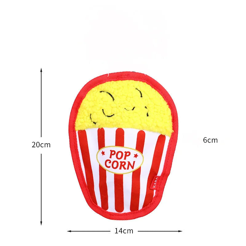Crinkle and squeaky dog toys in hamburger, fries, hot dog and pizza designs without stuffing