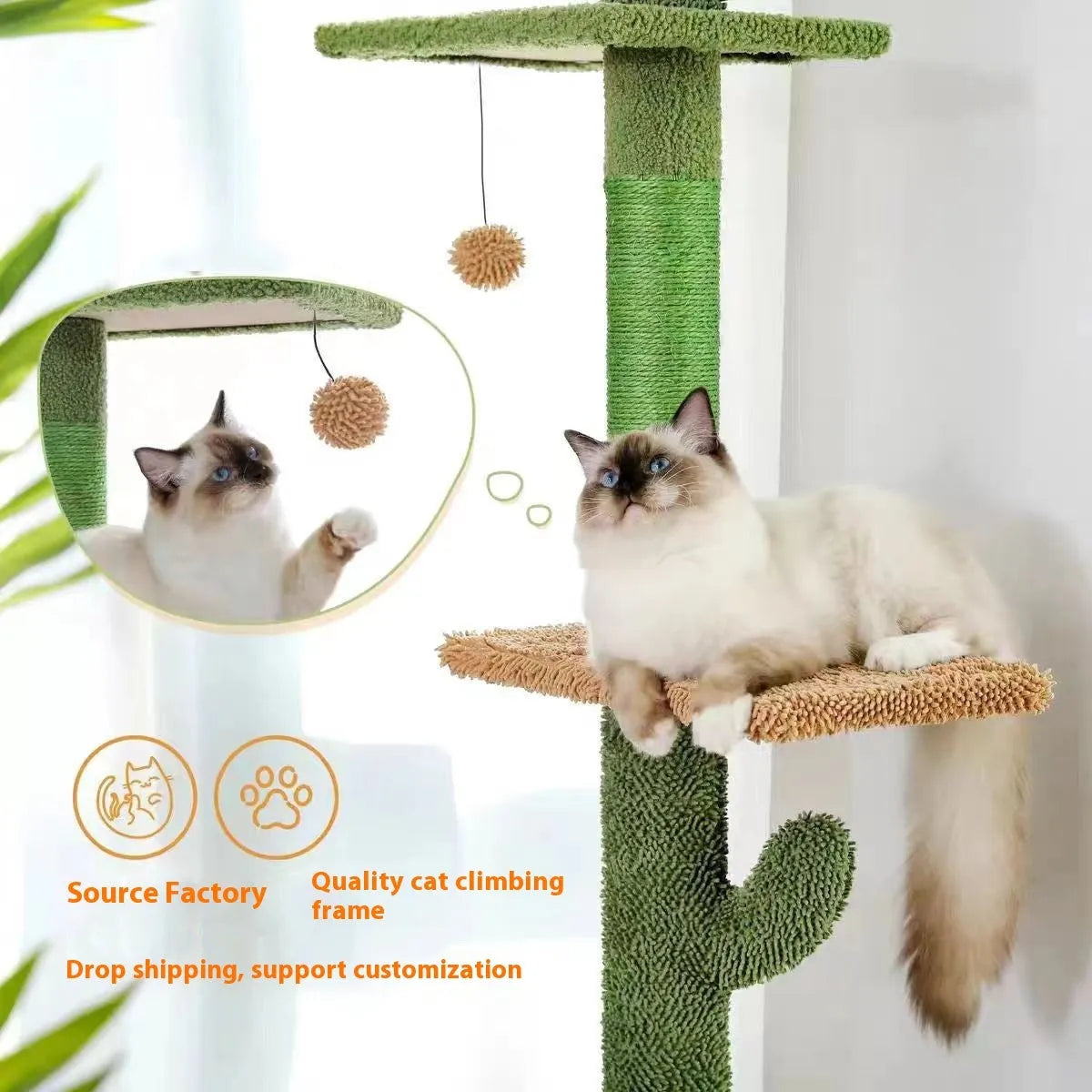 Tall solid wood cat tree with scratching posts, platforms, an enclosed cat nest, and a hanging toy.