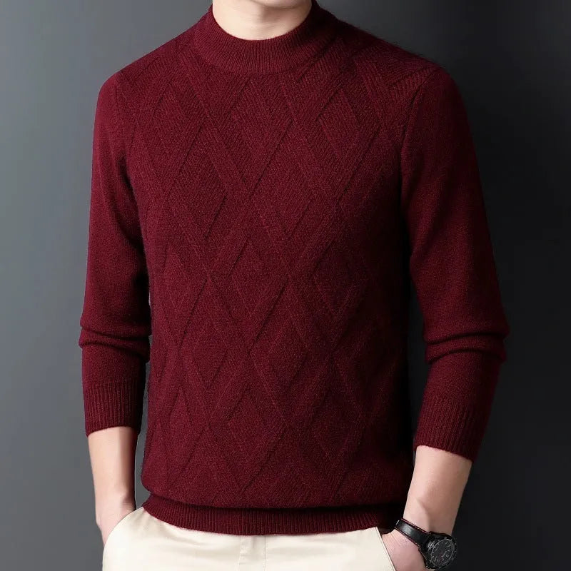 Men's winter thermal wool diamond jacquard pullover sweater shown in light camel colour