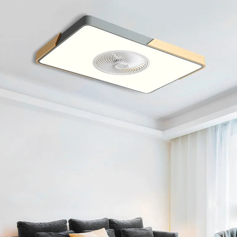 Nordic-style ceiling fan light with solid wood blades, shown in rectangular, round, and square shape options.