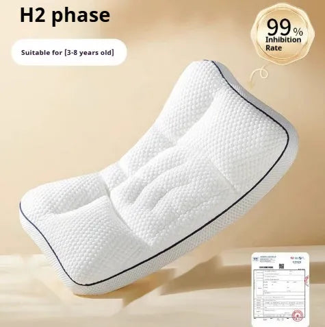 Children's dual-sided partition neck pillow showing cool and warm sides for ages 1 to 6 years