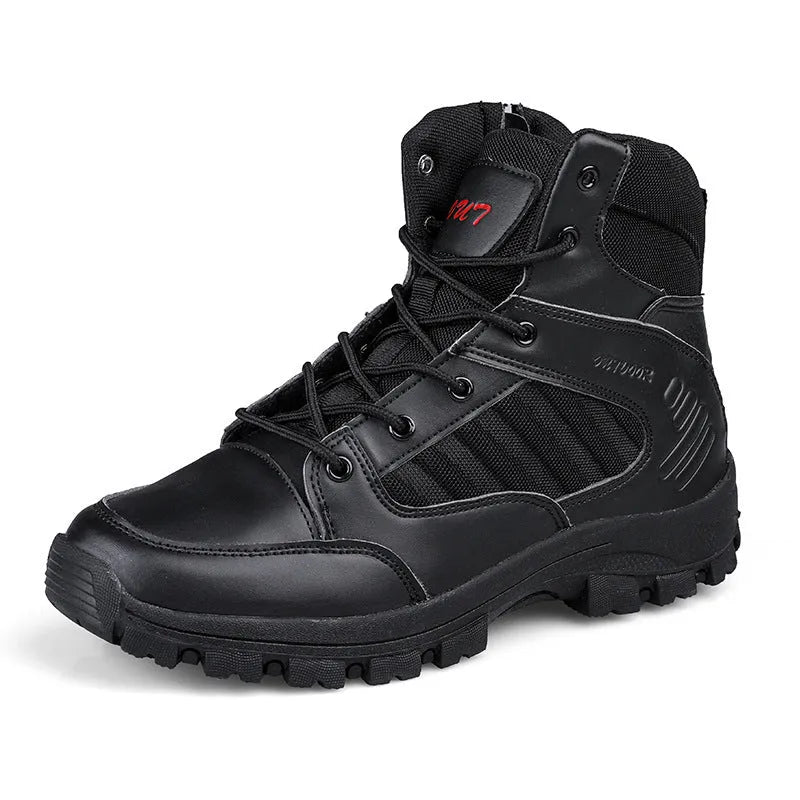 Men's black high-top hiking boots with metal eyelets and a PU leather upper.