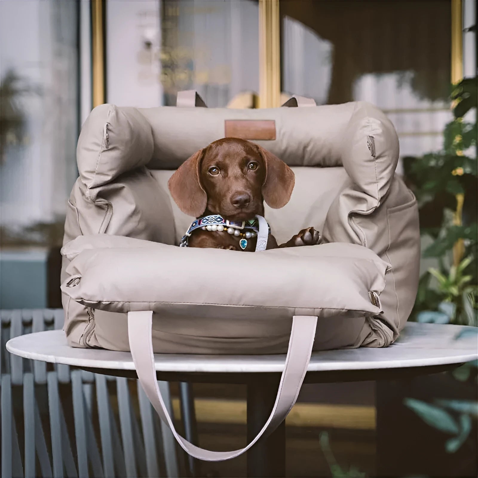 Green removable washable waterproof pet car nest for dogs measuring 55cm by 50cm by 45cm.