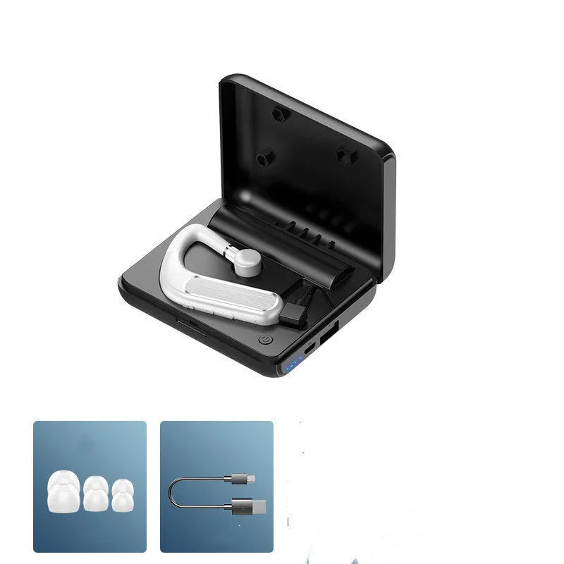 Wireless Bluetooth earphones in black with hanging ear design and silicone ear caps
