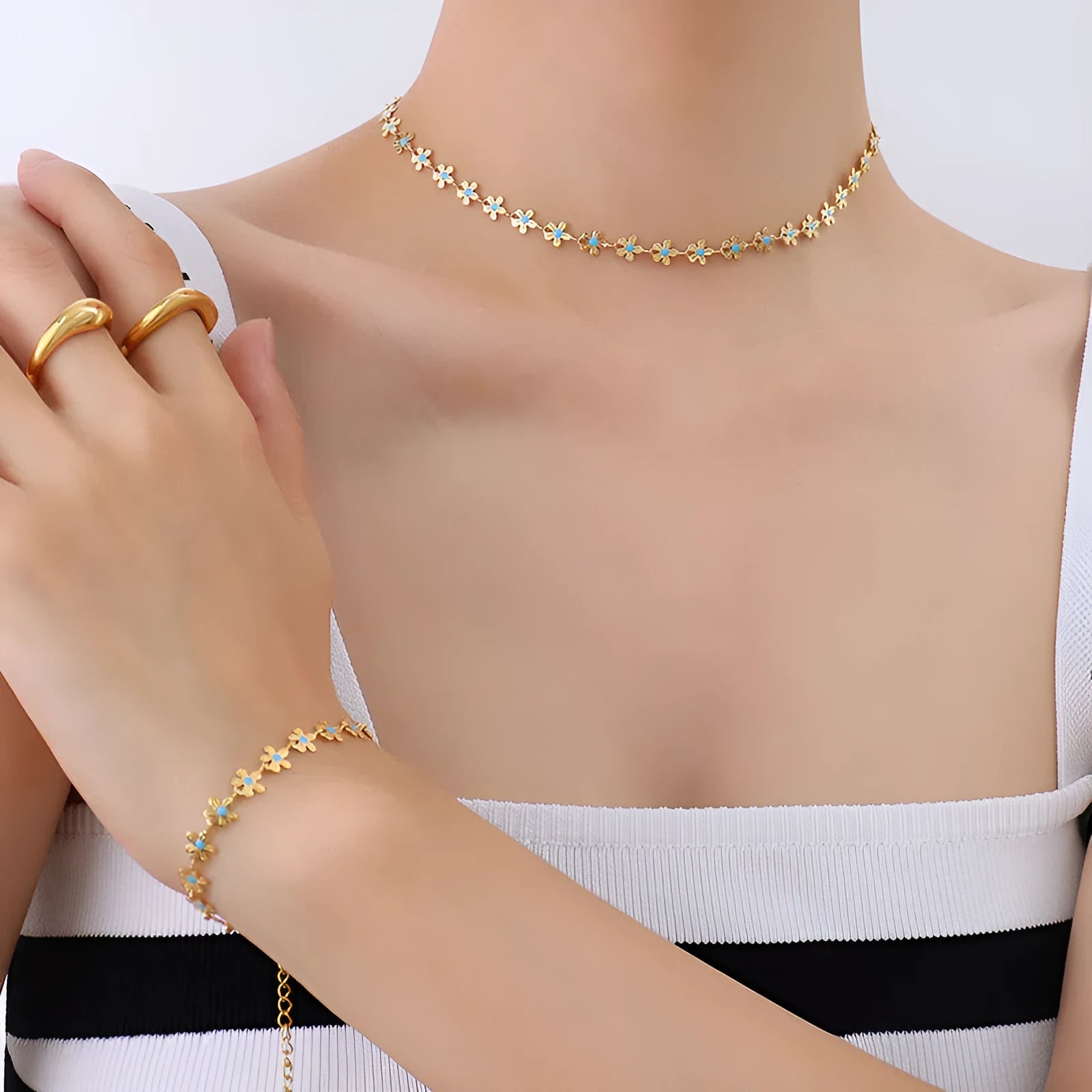 European and American style flower blue drip oil necklace and bracelet set on titanium steel chain
