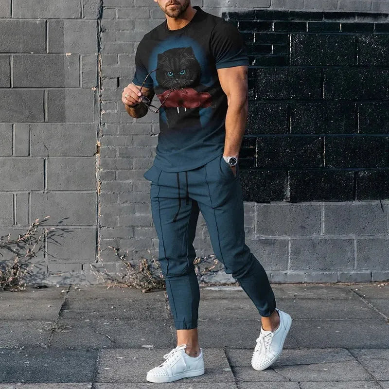 Men's short-sleeved round neck pullover and matching trousers sportswear set in polyester blend fabric