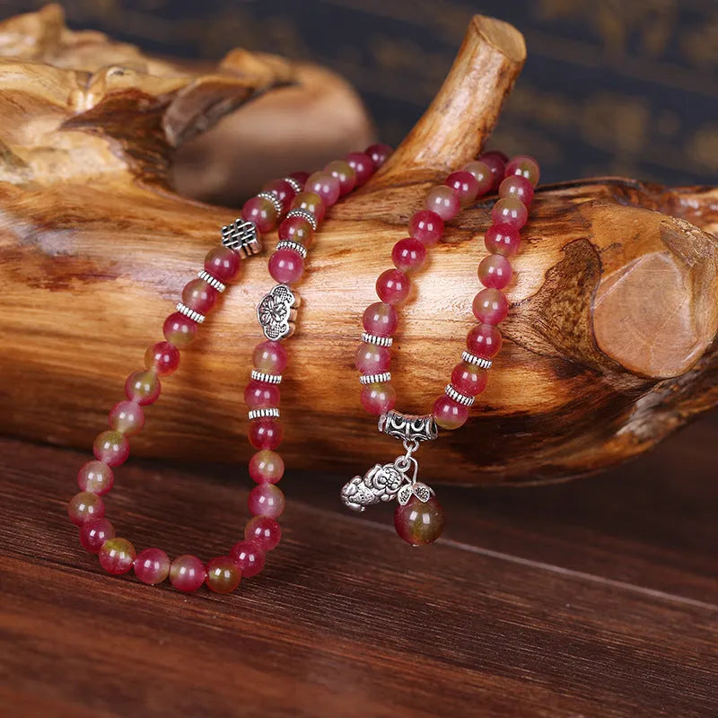 Handmade natural watermelon crystal bracelet with Chinese knot and geometry style design