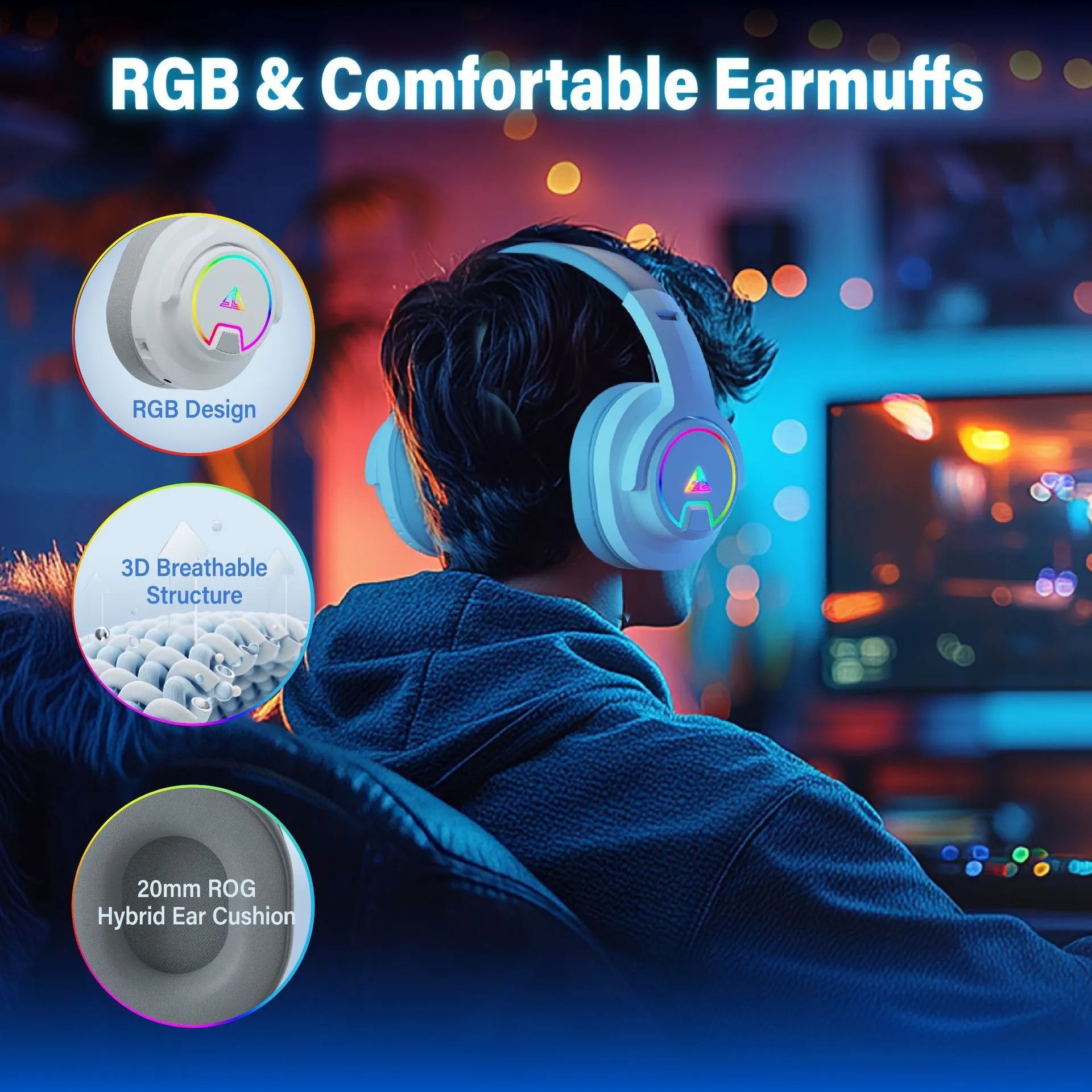 Low-latency head-mounted luminous gaming headset with 50mm speaker in white colour