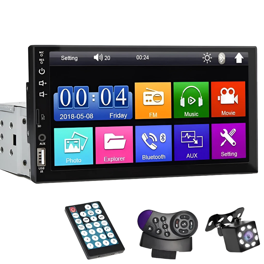 7-inch vehicle MP5 player with LED screen showing Carplay interface, wired and wireless smartphone connection option