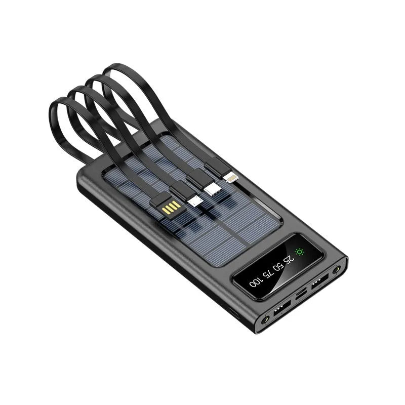 Solar power bank with integrated cables showing black plastic shell and solar panel