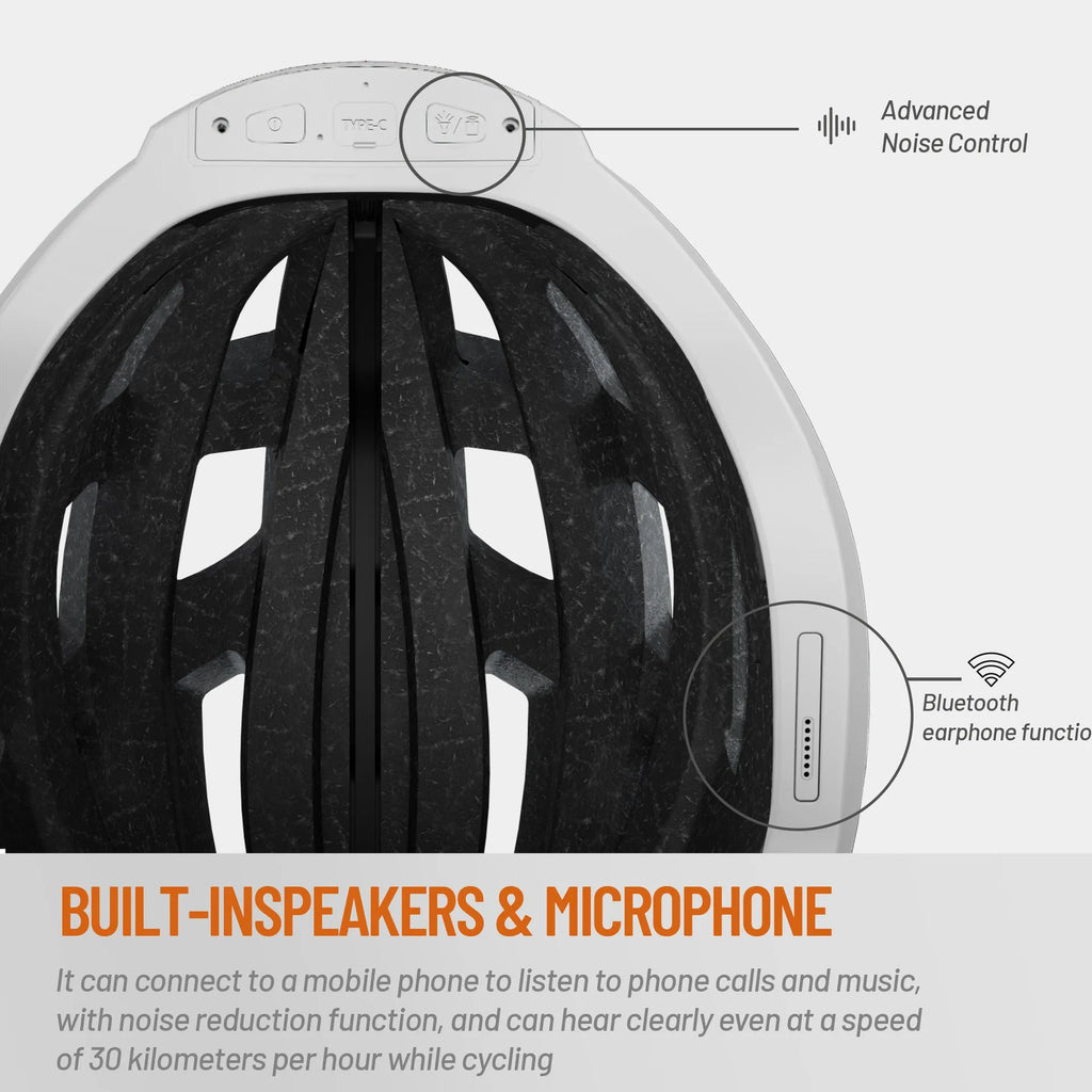 Black and grey smart cycling helmet with integrated Bluetooth safety warning lights on the rear.